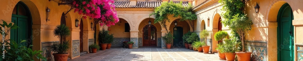 Naklejka premium A sun-drenched Andalusian courtyard, vibrant with blooming bougainvillea and intricate tilework, hinting at hidden folklore and ancient stories within its walls , old, magical, beauty