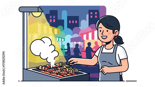 Street Food Vendor: A vibrant illustration captures a street food vendor, meticulously grilling skewers under the warm glow of a street lamp, surrounded by the bustling energy of the marketplace.