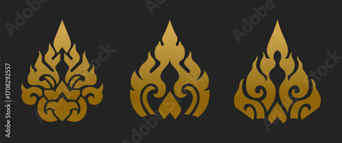 Golden Kanok Icons, Luxury Thai Art Flame and Lotus Symbols for Spiritual or Wellness Logo Design