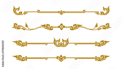 Set of Golden Thai Borders and Dividers, Traditional Luxury Line Ornaments for Page Decoration
