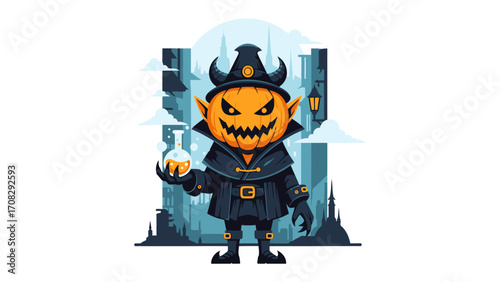 Spooky Jack-o'-Lantern Sorcerer: A whimsical jack-o'-lantern character dressed as a sorcerer, conjuring magic in a surreal cityscape, perfect for a playful Halloween theme.