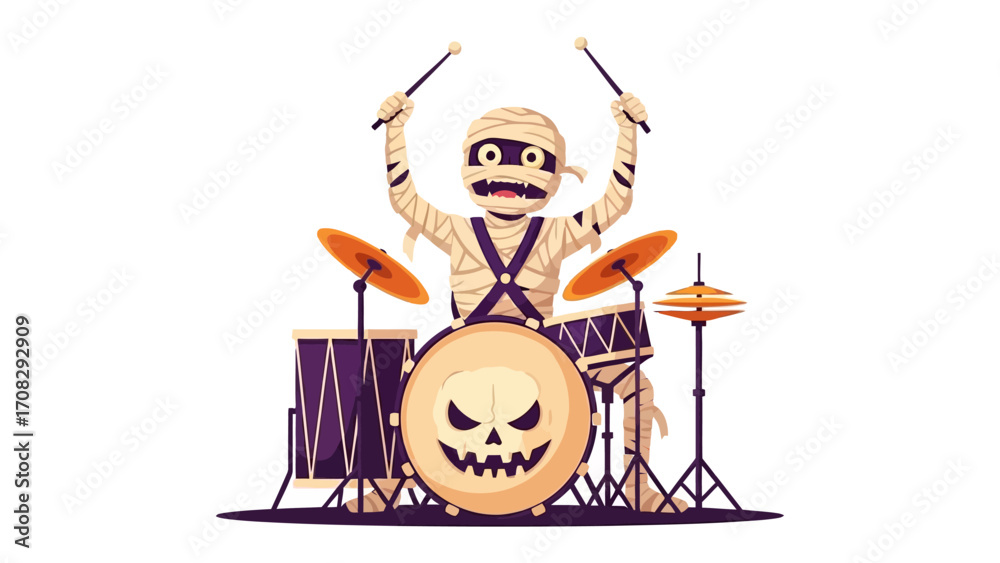 Φωτογραφία Spooky Drummer: A cartoon mummy enthusiastically plays a drum set, a whimsical Halloween illustration of a drummer's performance, full of festive spirit
