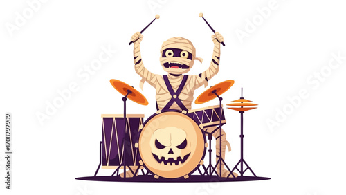 Spooky Drummer: A cartoon mummy enthusiastically plays a drum set, a whimsical Halloween illustration of a drummer's performance, full of festive spirit.