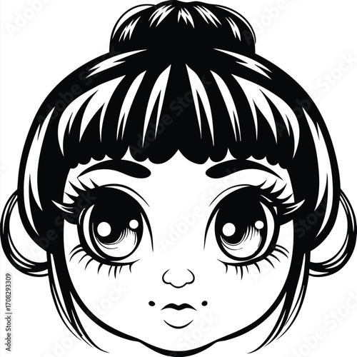 An adorable girl with wide eyes and black hair looks forward gracefully