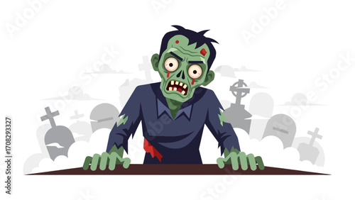 Zombie rising from grave: A spooky and chilling vector illustration of a zombie emerging from a graveyard. Capturing the eerie and thrilling essence of Halloween.
