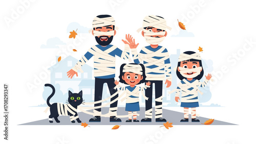 Halloween Mummy Family Portrait: A family dressed as mummies stands together in front of their house. Capturing the warmth of spooky season with happy faces and playful costumes.