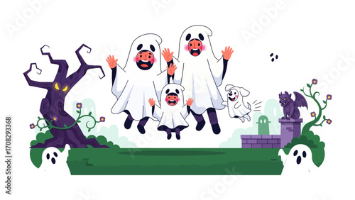 Spooky Family Gathering: A playful and whimsical illustration featuring a family of ghosts celebrating Halloween, creating a lighthearted scene filled with joy and spirited fun.