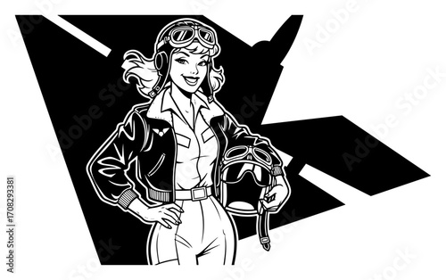 Retro Female Pilot Pinup with an Airplane Silhouette