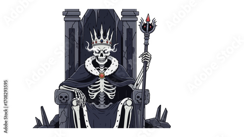 Undead Monarch: An illustration of a skeleton king with a crown and scepter sits regally on an ornate throne, exuding an aura of power, authority, and the timeless reign of death.