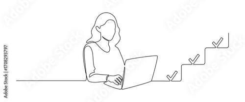 Woman with laptop computer in one continuous line drawing. Businesswoman and female student with check marks in simple linear style. Searching concept in Editable stroke. Sketch vector illustration