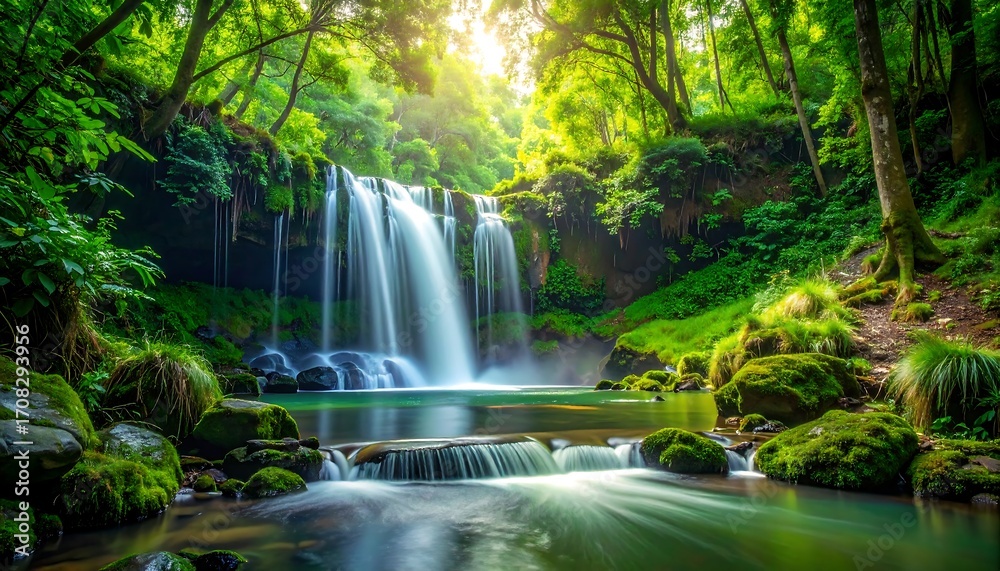 Fototapeta premium A serene waterfall cascades into a calm pool, enveloped by lush, vibrant green foliage under the dappled sunlight