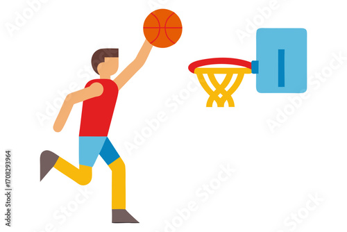A basketball player in a red shirt blue shorts is about to dunk the basketball into the hoop he is running towards the hoop