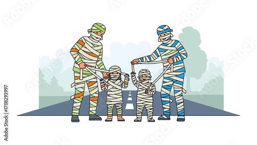 Family in Mummy Costumes: A close-knit family joyfully poses in mummy costumes in a picturesque setting, exuding happiness and holiday spirit.