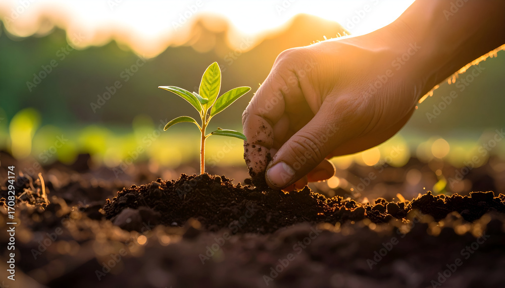 Fototapeta premium Planting a Seedling at Sunset: Hand Gently Placing Soil Around a Young Plant