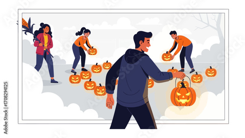 Halloween Pumpkin Fun: A group of friend enjoys carving pumpkins during a Halloween celebration. The cheerful atmosphere sets the stage for spooky night. 