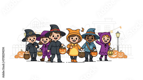 Happy Halloween Trick-or-Treaters: A joyful group of children, dressed in various Halloween costumes, stroll through a decorated neighborhood on Halloween night.