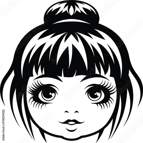 Black and white portrait showcases a young girl with an intricate hair bun art