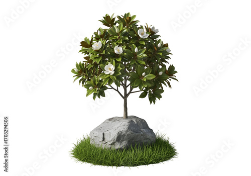 A small magnolia tree, complete with delicate white blossoms, sits atop a gray stone, surrounded by a bed of vibrant green grass.