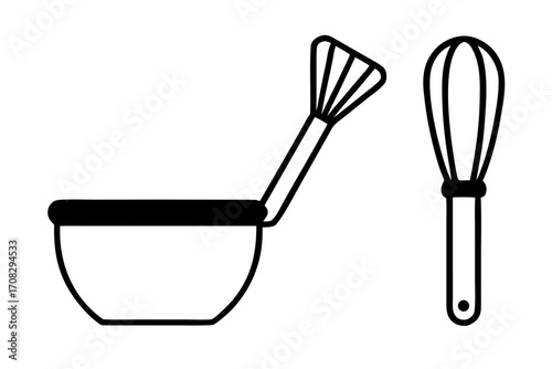 Illustration of a mixing bowl a whisk inside another whisk standing next to it, , perfect for culinary themes