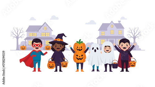 Halloween Gathering: Children, adorned in whimsical costumes and armed with buckets, eagerly gather during Halloween. Illustrated houses serve as a backdrop.
