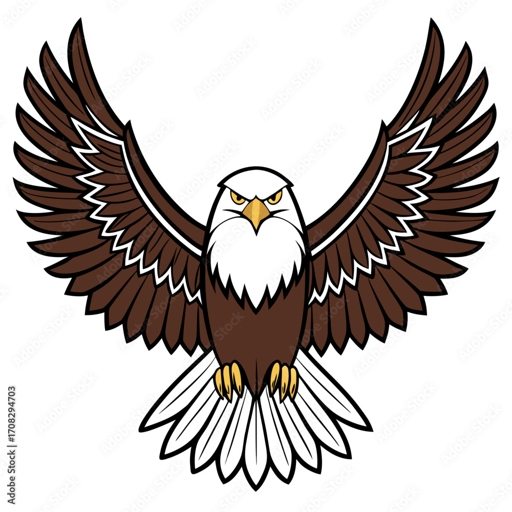 Fototapeta premium A majestic bald eagle soars its wings spread wide, feathers detailed in brown white, , its power grace