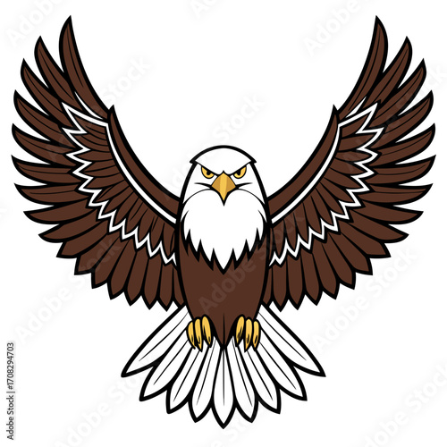 A majestic bald eagle soars its wings spread wide, feathers detailed in brown white, , its power grace