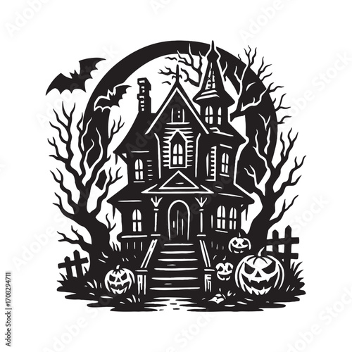 Haunted house with pumpkins bats trees engraving vector illustration