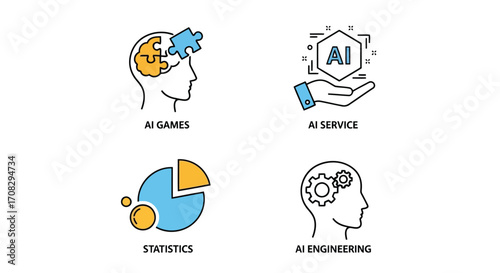 Vector illustration of ai games, ai service, statistics, and ai engineering icons artificial intelligence concept in modern outline design
