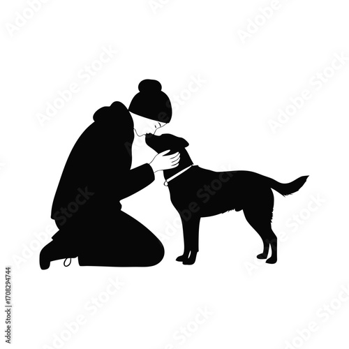 A silhouette of a person kneeling interacting a dog, both in black against an, a minimalist heartwarming scene