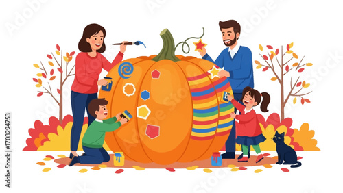 Family Pumpkin Painting: A harmonious family joyfully paints a pumpkin with artistic flair amidst the vibrant autumn foliage, celebrating the season and creating lasting memories.