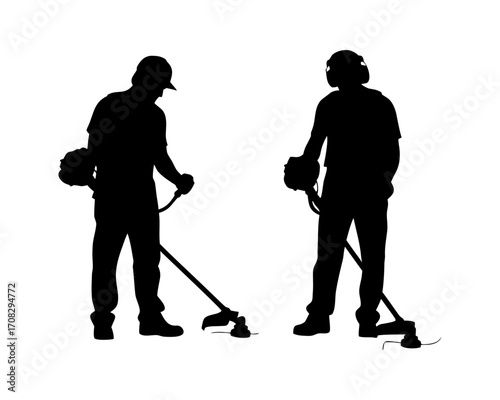 Silhouette of two workers trimming grass weed whackers, maintenance lawn care in a minimalist style