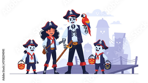 Pirate Family Adventure: Capturing a charming pirate family on a Halloween night. They're ready for an exciting adventure filled with spooky tales and thrilling quests. 