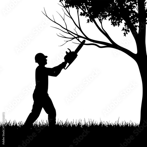 Silhouette of a man cutting tree branches a chainsaw, the contrast nature human intervention