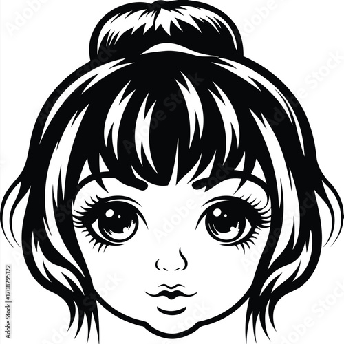 Cartoon girl with dark bun hairstyle stares with big eyes, rendered in monochrome