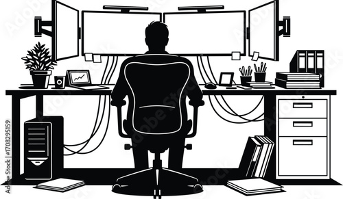 High‑tech workstation illustration with multi‑monitor setup, ergonomic chair, office desk accessories, professional workspace, productivity, technology, and organized computer environment
