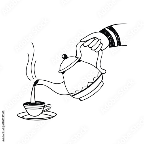 Hand pouring hot beverage from teapot into cup Keywords: hand, pouring, hot, beverage, teapot