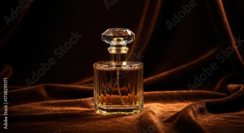 A perfume bottle, amber-hued liquid, on rich brown velvet