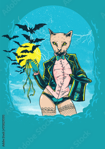 Anthropomorphic cat magician in a tuxedo, fishnets, holding a top hat, bats flying against a full moon, blue background, whimsical, slightly eerie.