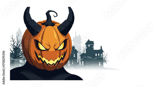 Evil Pumpkin with Dark Horns in Spooky Night: A digitally crafted scene of a devilish pumpkin with menacing eyes and formidable horns set against a backdrop of a haunted house. 