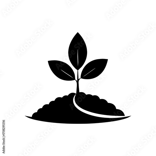 A small plant three leaves growing out of a mound of soil, symbolizing growth, nature, the beginning of life