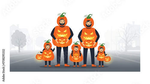 Happy Halloween Family: A vibrant family decked out in playful, carved pumpkin costumes celebrates the spooky season, perfect for showcasing holiday spirit and family fun. 