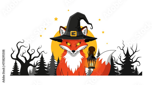 Mystic Fox in Forest: A charming illustrated fox dons a witch's hat, clutching a lantern. set against a background, creating a spooky but whimsical Halloween scene.