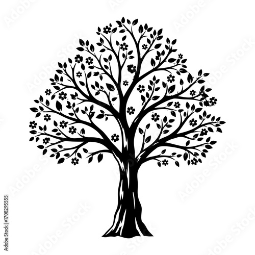 A detailed black white illustration of a flourishing tree intricate branches, leaves, blossoms, , natures beauty