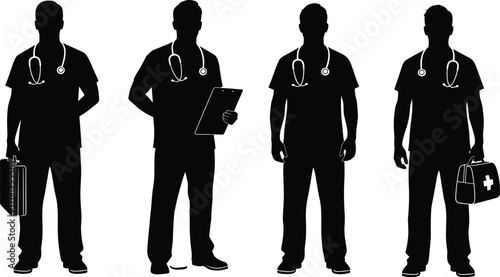 Medical professionals team in scrubs with stethoscopes holding medical tools, healthcare workers vector illustration for hospital, clinic, emergency services design