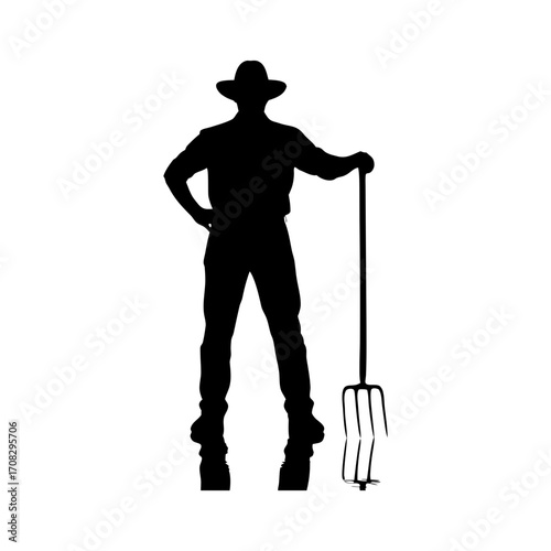 Silhouette of a farmer a pitchfork, rural life agricultural themes a vintage rustic aesthetic