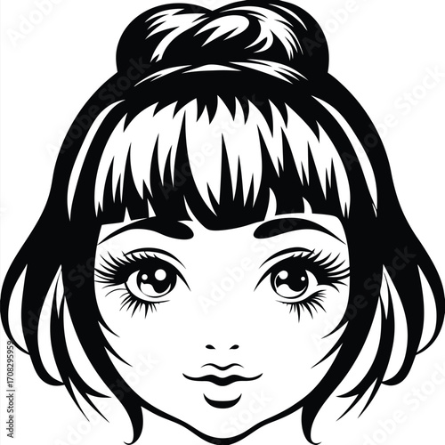 Black and white sketch reveals a girl's detailed face with prominent eyes and a bun