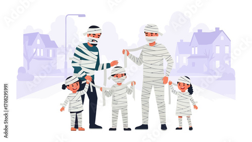 Halloween Mummy Family: A heartwarming illustration of a family dressed as mummies, set in a neighborhood scene, captures the spirit of Halloween. 