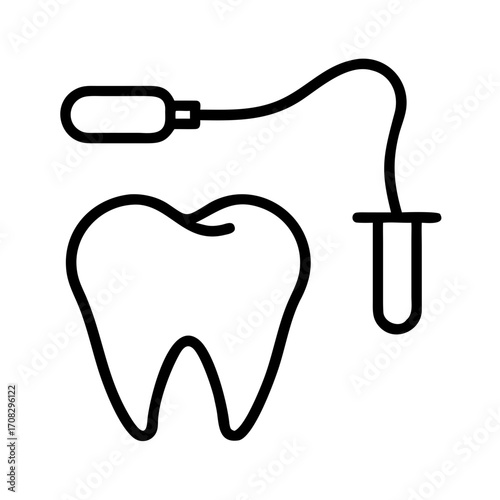 Tooth with dental probe and syringe in minimal line art style  