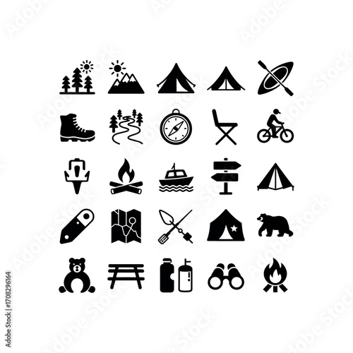 Collection of black outdoor adventure and camping icons on white background hiking nature