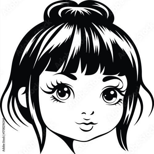 Black and white showing a cute girl with big eyes and hair bun